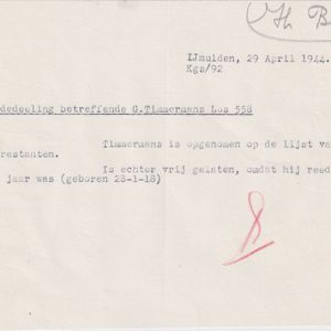 Notitie betr. Gerriet Timmermans van de Sociale Afd. Hoogovens aan de directie van 29 april 1944.