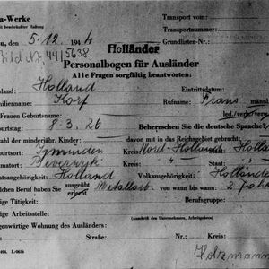 Frans Korf, blad voor Persoonsgegevens bij indienstname bij de BUNA 5 december 1944. Bron iTS122196354.
