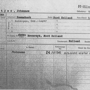 Jan Beentjes, Werkkaart bij indienstname bij de BUNA 5 december 1944. Bron iTS76558101.