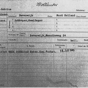 Jaap Bos, Werkkaart bij indienstname bij de BUNA 5 december 1944. Bron iTS7658332.