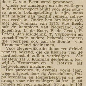 Jan Kuilman, deelnemer aan de Wielerronde van Beverwijk in 1946. Bron IJmuider Courant 13 mei 1946.