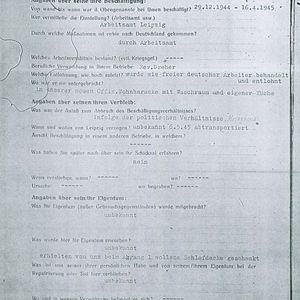 Fragebogen Polizeipräsidium Leipzig 10-01-1946. Bron: ITS71950275
