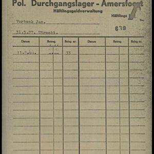 Verbeek Jan, afrekening kampgeld 11 augustus 1944. Bron iTS93124.
