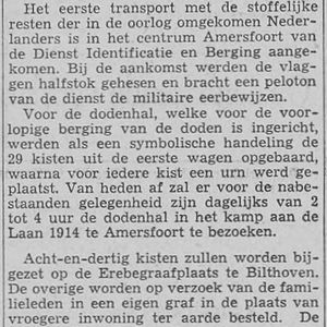 Stoffelijke resten overgebracht uit Duitsland. Artikel Haarlems Dagblad 1 juni 1948.