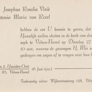 Huwelijks aankondiging Adelon Vink Toni van Rixel