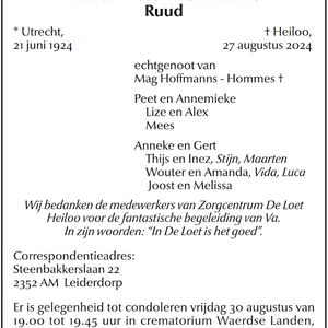 Overlijdensadvertentie de heer Ruud Hoffmanns. Bron NHD 28 augustus 2024