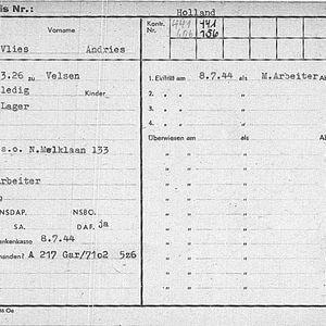 Vlies Andries van der 1926 Arbeitskaart iTs76005348 voorzijde
