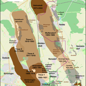 Kaart met de bruinkoolafgravingen in de omgeving van Helmstedt. Bron Wikipedia