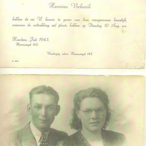 Huwelijk Haarlem 10aug1943 Gerlof Douma x Hermina Verkaaik.
