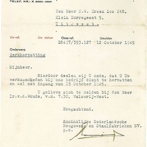 Ursem Niek, Werkhervatting Hoogovens 12 oktober 1945