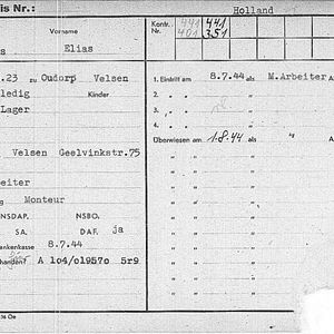 Vries Elias de 1923 Arbeidskaart iTs76005365 voorzijde