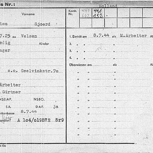 Vries Sjoerd de 1925 Arbeidskaart iTs76005370 voorzijde