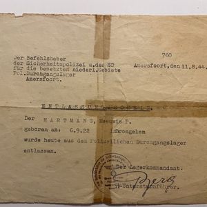 Meeuwis Pieter Hartmans. Ontslagbewijs uit Kamp Amersfoort. Via Mary Duinmeijer