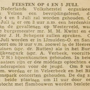 Aankondiging Bevrijdingsfeest Velsen. Bron: Haarlems Dagblad 28 juni 1945.