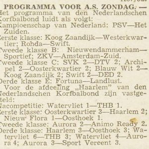 Korfbal 16 april. Watervliet 6 - T.H.B. 3 en Watervliet 4 - Aurora 4. Haarlemse Courant 13 april 1944.