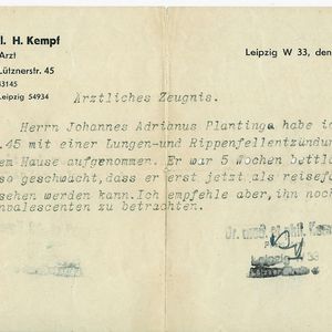 Verklaring van Dokter Hans Kempf waar Joop verbleef. Bron Hans Plantinga.