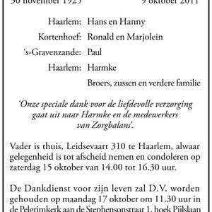 Overlijdensannonce van Joop Plantinga. Bron: Haarlems Dagblad van 13 oktober 2011
