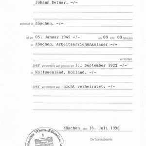 Johan Detmar sterbe Urkunde
