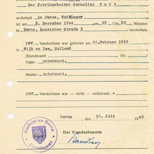 Cor Bart sterbe Urkunde