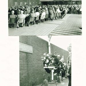 Herdenking op 14  april 1984. Reunie in de Bedrijfsschool van de Hoogovens en het monument.