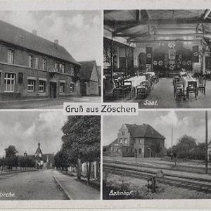 Rechts boven de zaal van het Rote Hirsch in Zöschen en Rechtsonder het station van Zöschen