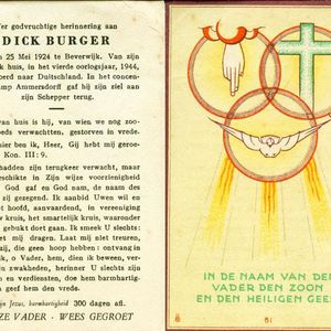 Bidprentje van Dick Burger. Beschikbaar gesteld door Mevr. van Kampen.