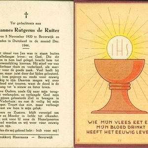 Bidprentje van Johannes Rutgerus de Ruiter. Beschikbaar gesteld door Mevr. van Kampen.