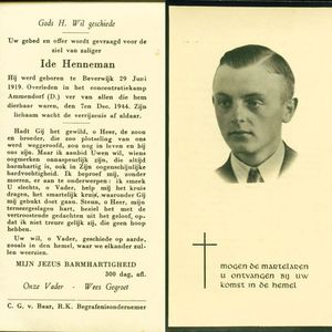 Bidprentje van Ide Henneman. Beschikbaar gesteld door Mevr. van Kampen.