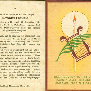 Bidprentje van Jacobus Limmen. Beschikbaar gesteld door Mevr. van Kampen.