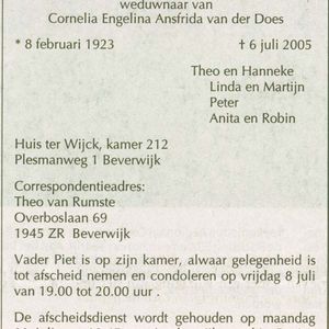 Rouw advertentie PIet van Rumste van 6 julli 2005