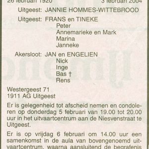 Rouw advertentie Frans Hommes van 3 februari 2004