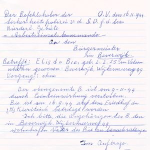 Overgeschreven overlijdensbericht van Elis de Bie. Overlijdensdatum 11 sept. 1944.