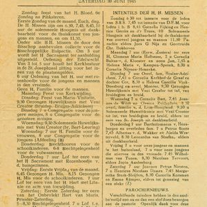 Mededelingenblad met op zondag 1 juli  misintentie voor de teruggekeerde jongens en woensdag 4 juli voor Cor Bart. Zijn broer Henk Bart trouwt die dag met Marie Leuring.