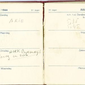 Agenda 1944 van Jaap Bos, Nietleben o.a. met Dirk Oudendijk die jarig is op 18 juli.  Week 14.