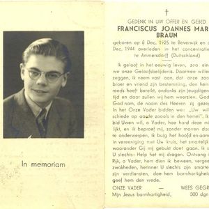 Bidprentje van Frans Braun met foto. Beschikbaar gesteld door Patrick Schelvis.