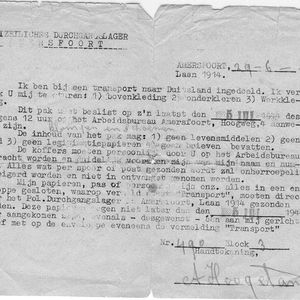 Transportbrief 6 juli 1944 van Fok Hoogeland. Fok vraagt extra om klompen en schoenen. Zijn nummer in Amersfoort, 490 staat op de kopie. Kopie Ontvangen van Bertus Damhuis