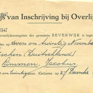 Bewijs van inschrijving op 20 mei 1947 van het overlijden van Jaap Limmen op 27 november 1944 te Zöschen