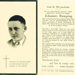 Bidprentje van Johannes Rumping. Beschikbaar gesteld door Mevr. Beentjes.