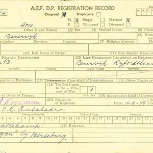 Registratie als Displaced Person in Enschede op 14 mei 1945