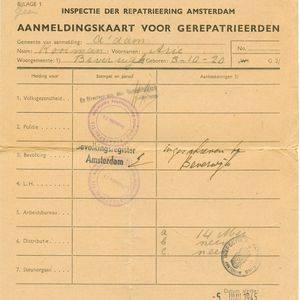 Aanmeldingskaart voor gerepatrieerden van 5 juni 1945