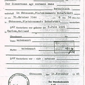 Overlijdensakte van Age Herman Baas.