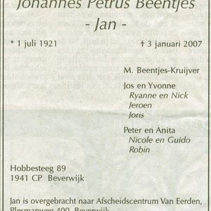 Rouwadvertentie van Jan Beentjes