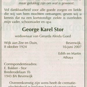 Overlijdensadvertentie van G.K. Stor uit het NHD van 16 juni 2007