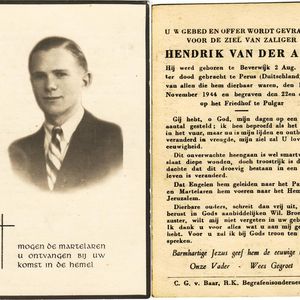 Bidprentje met foto van Henk van der Aar. Beschikbaar gesteld door de heer van der Aar, 