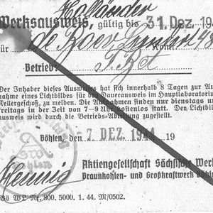 Werksausweis ASW Böhlen van Leendert de Boer 7 dec 1944 Werknemernummer 4810