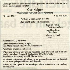Overlijdensadvertentie van Cor Kuiper