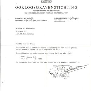 Oorlogsgravenstichting, brief hernummering van het graf op Loenen