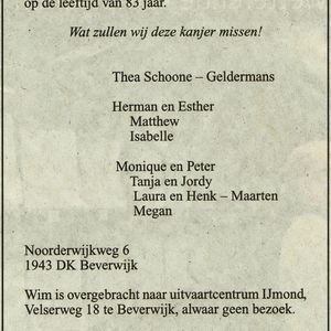 Overlijdensannonce Wim Schoone