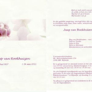 Rouwcirculaire van Jaap van Rookhuizen overleden 26 mei 2011. Beschikbaar gesteld door Tim van Rookhuizen