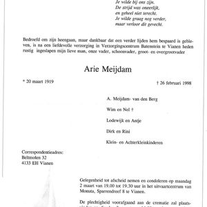 Rouwcirculaire van Arie Meijdam